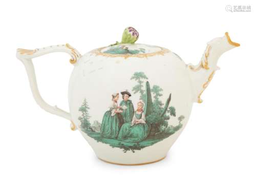 A Meissen Porcelain Green Watteau Tea Pot Height 4 3/4 inche...