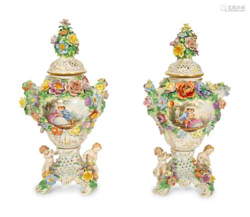 A Pair of Dresden Porcelain Floral Encrusted Urns Height 19 ...