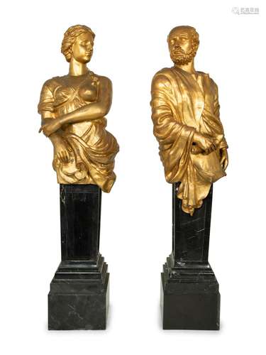 A Pair of Monumental Gilt Metal Figures on Marble Pedestals ...