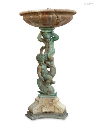 A Cast Bronze and Stone Fountain Height 73 1/2 inches, bowl,...