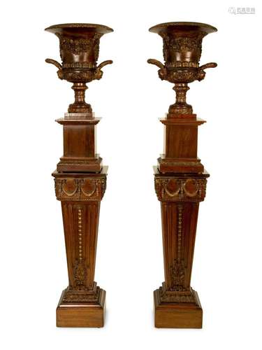 A Pair of George III Style Carved and Stained Wood Campana U...