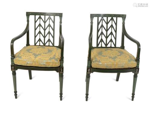 A Pair of Regency Green and Parcel Gilt Painted Cane Seat Ar...