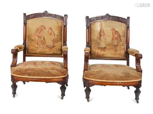 A Pair of Victorian Carved Walnut Armchairs with Tapestry Up...