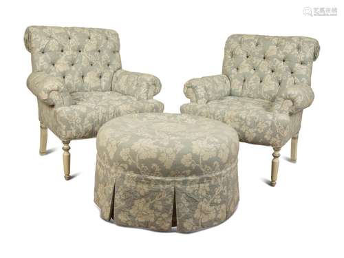 A Pair of  Button Tufted White Painted Open Armchairs with B...