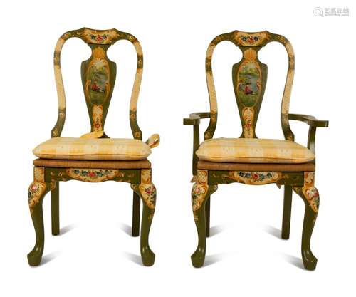 Six Queen Anne  Style Painted Rush Seat Dining Chairs Height...