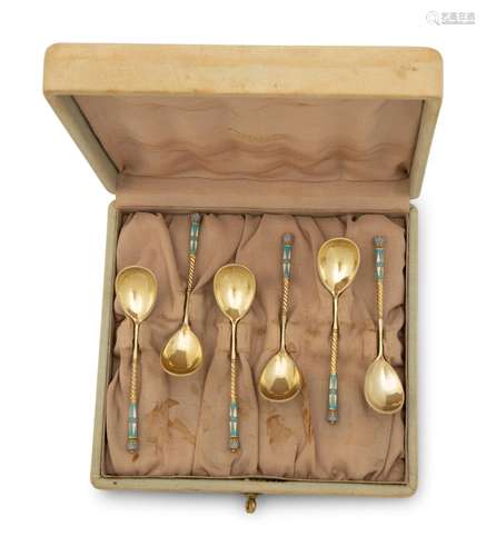 A Cased Set of Russian Enameled Silver-Gilt Spoons Length 4 ...