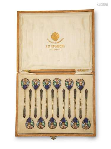 A Cased Set of Russian Enameled Silver-Gilt Spoons Length 4 ...