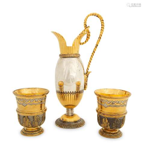 A Pair of Mexican Silver and Silver Gilt Cups and  Pitcher H...