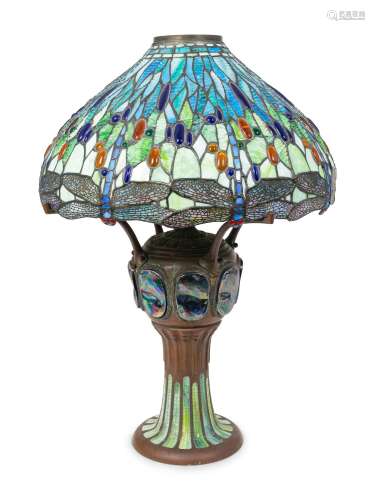 A Tiffany Style Drophead Dragonfly Bronze Lamp Height 35 1/2...