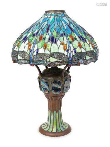 A Tiffany Style Drophead Dragonfly Bronze Lamp Height 35 1/2...