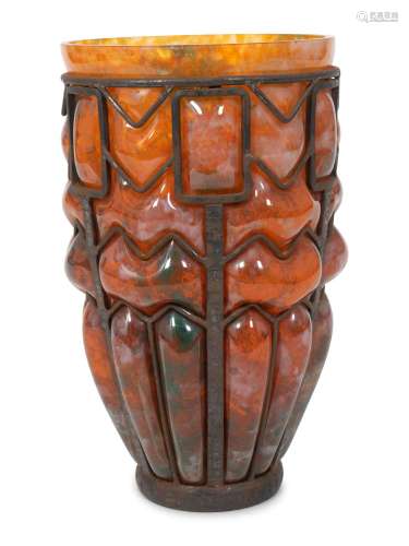 An Unsigned Daum Wrought-Iron and Glass Blow-Out Vase Height...