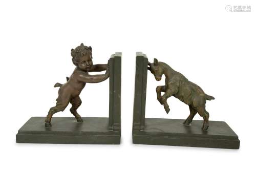 A Pair of Art Deco Signed Carlier Bronze Satyr & Goat Bo...
