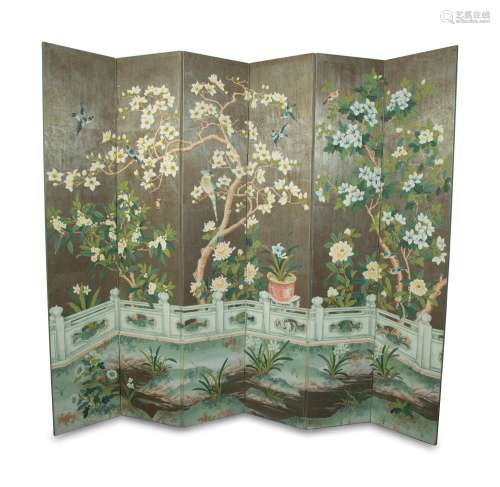 A Hand-Painted  Six-Panel Gracie Screen Depicting a Chinoise...