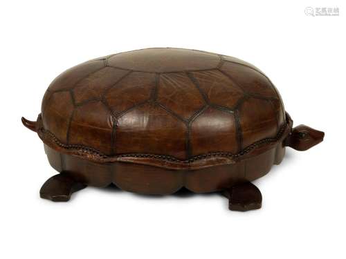 A Carved Wood and Leather Turtle Foot Stool Height 15 x widt...