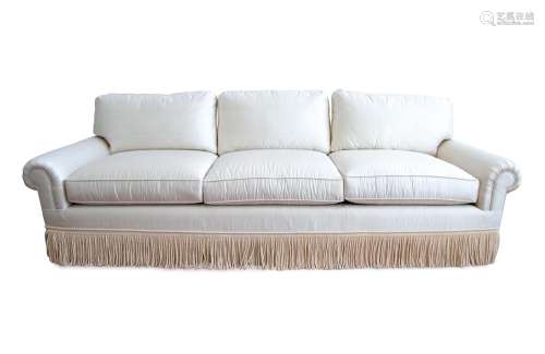 A Three Cushion Linen Silk Upholstered Sofa Height 34 x widt...