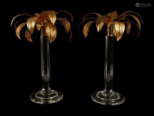 A Pair of William Yeoward Glass and Gilt Metal Palm Tree Can...