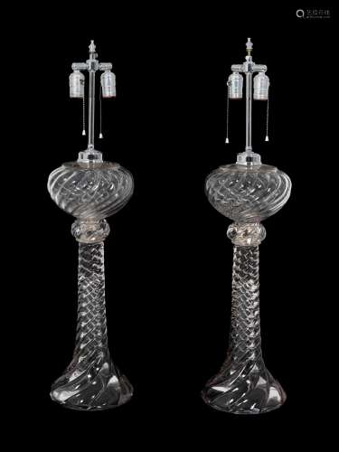 A Pair of Baccarat Blown Glass Oil Lamps Mounted as Table La...