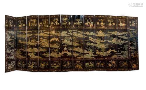 A Chinese Coromandel Twelve-Panel Screen Height 8 feet 5 inc...