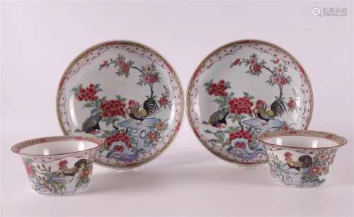 A pair of famille rose rooster bowls and saucers, France, Sa...