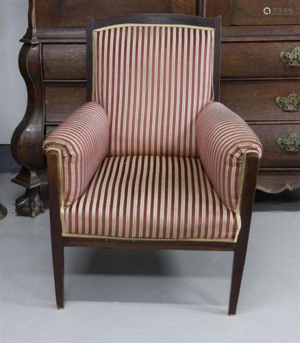 A walnut armrest armchair with striped fabric cover, 19th ce...