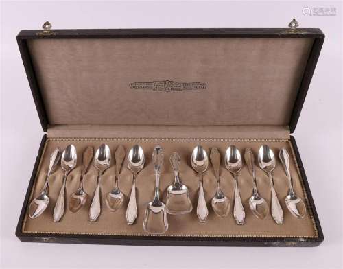 A series of silver-plated teaspoons with tea and sugar scoop...