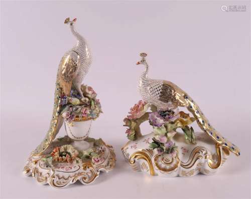 Two porcelain figures of peacocks with flora, Germany Sitzen...