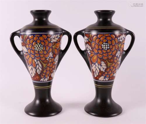 A pair of earthenware vases with handles, ca. 1930.