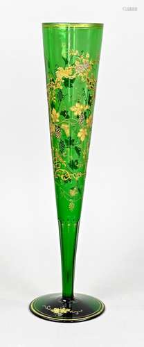 Tall glass, green painted, gold dec