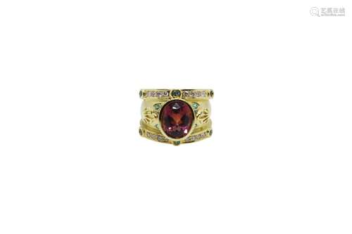 18k gold ring with tourmaline, diamonds and emeralds