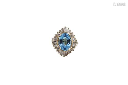 18k gold ring set with blue topaz and diamonds