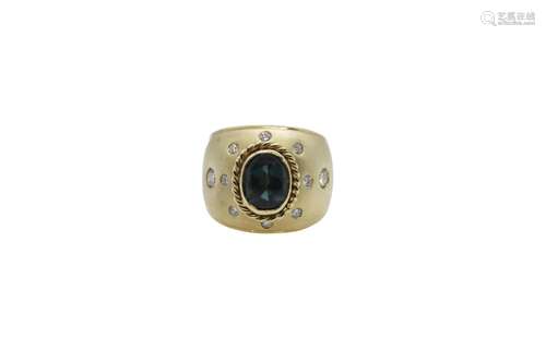 14k gold ring with green tourmaline and diamonds