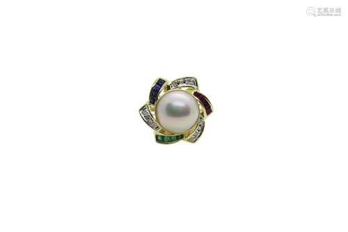 14k gold cultured pearl mabe ring mounted with emerald, sapp...