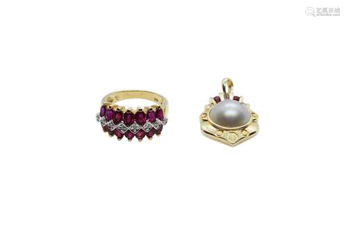 A jewellery lot comprising of a 14k gold ruby and diamond ri...