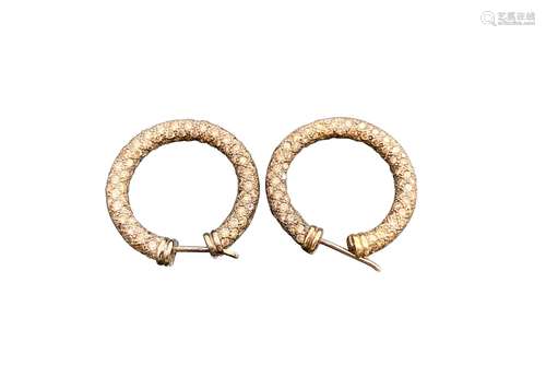 A pair of hoop 18k white gold earrings with full pave brown ...