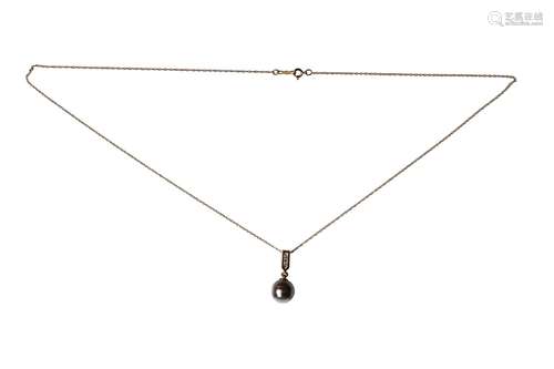 A grey cultured pearl pendant with diamonds and a 14k gold c...