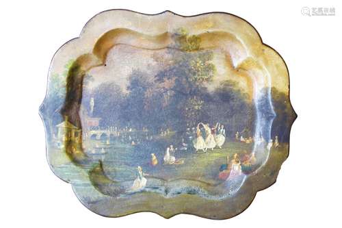 A circa 1830-1850 papier mache hand painted English tray dep...