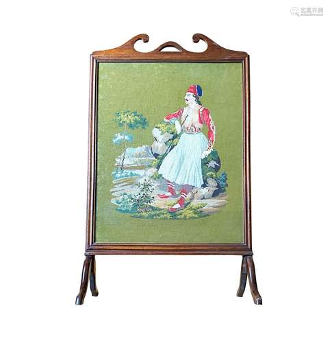 A circa 1850 Victorian English framed embroidery wooden fire...