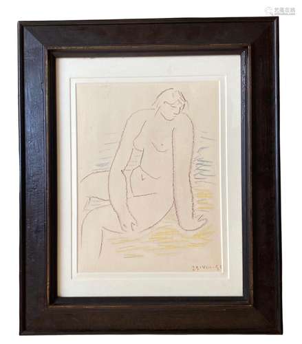 A mid century crayon drawing of a sitting woman