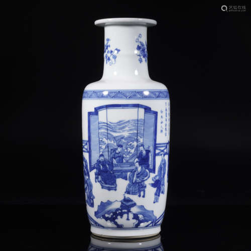 Kangxi Blue and White Figure Rouleau Vase