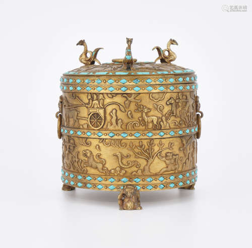 Gilt Hard-Stone Inlaid Bronze Censer