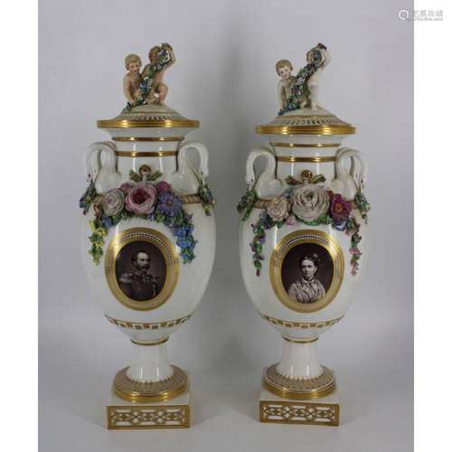 Rare Pair Of Royal Danish Porcelain Lidded Urns.