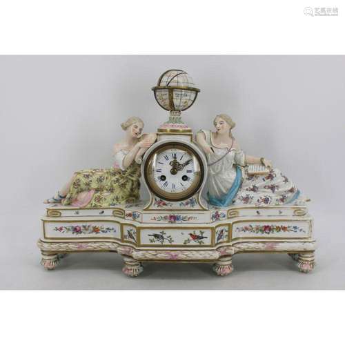 Meissen Style Porcelain Figural Clock With Globe