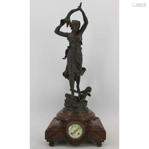 Antique Rouge Marble Clock With Moreau Bronze Top