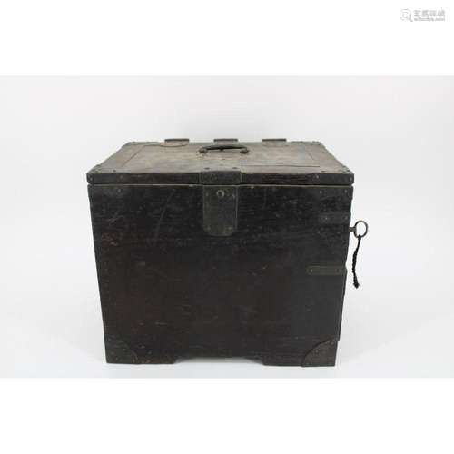 Antique Metal and Wood Strong Box with Key.