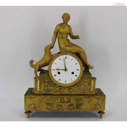 Antique Gilt Bronze Figural Clock with Dog