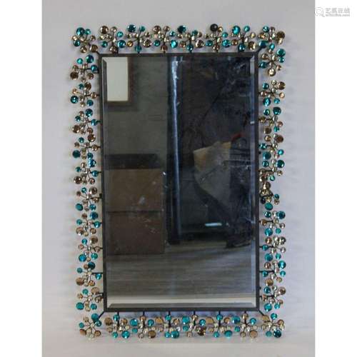 Vintage Patinated Metal Mirror With Colored Glass