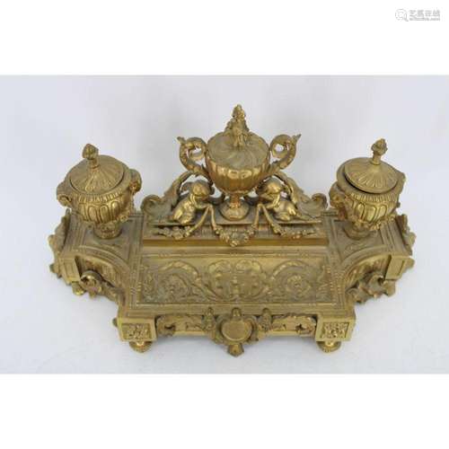 Antique & Fine Quality Gilt Bronze Inkwell.