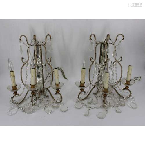 A Vintage Pair Of Mirror Back Beaded Sconces.