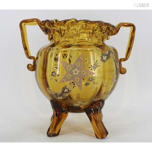 Large, Possibly Moser Enamel Decorated Amber Glass