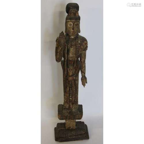 Antique Painted & Carved Wood Bodhisattva.